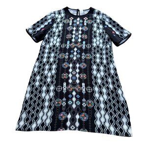 Peter Pilotto Size 8 Black Geometric Silk Short Sleeve Mod Mini Shift Dress